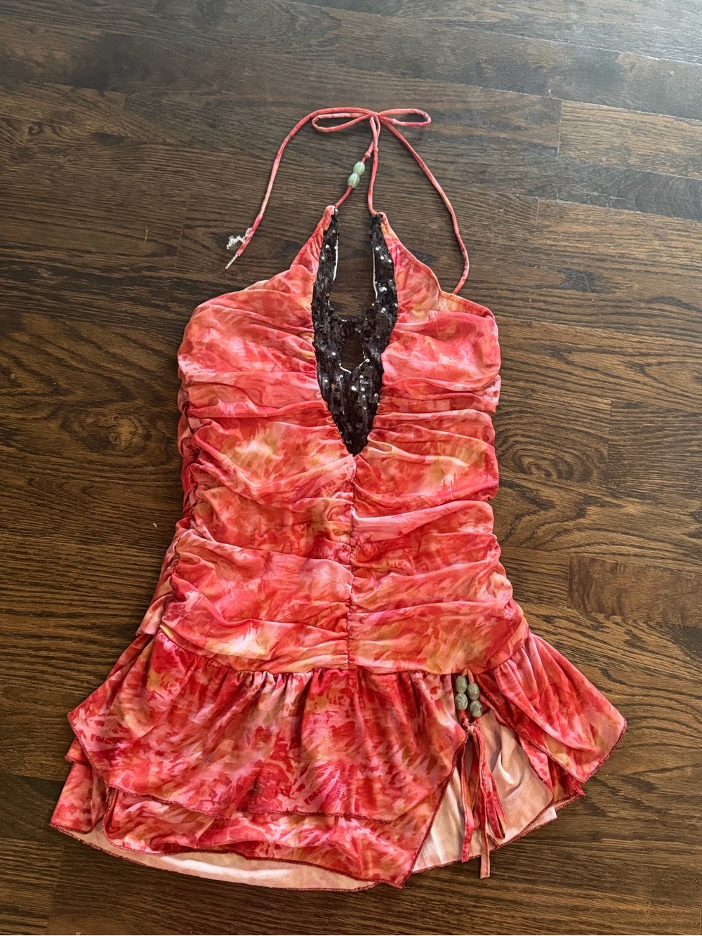 Pink Tie-Dye Halter Dress with Sequin Plunge